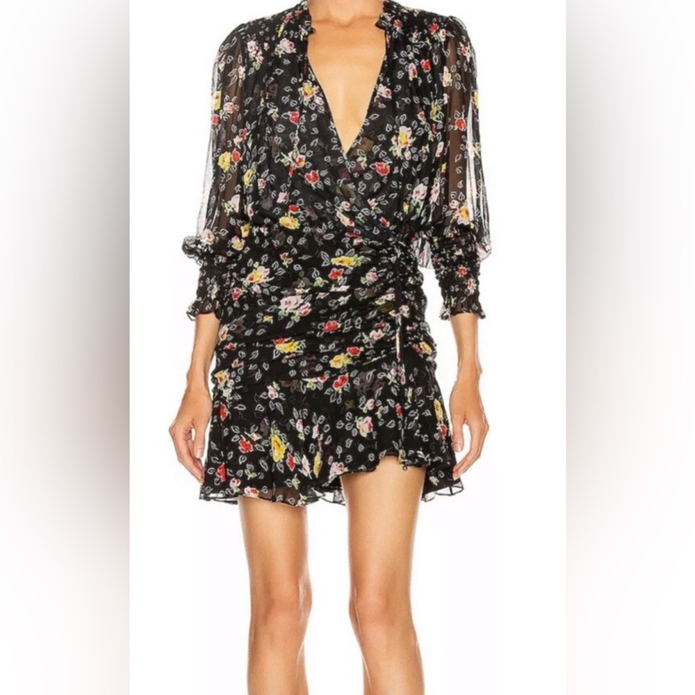 Veronica Beard Floral Black Armeria Dress with Ruching and Ruffled Hem